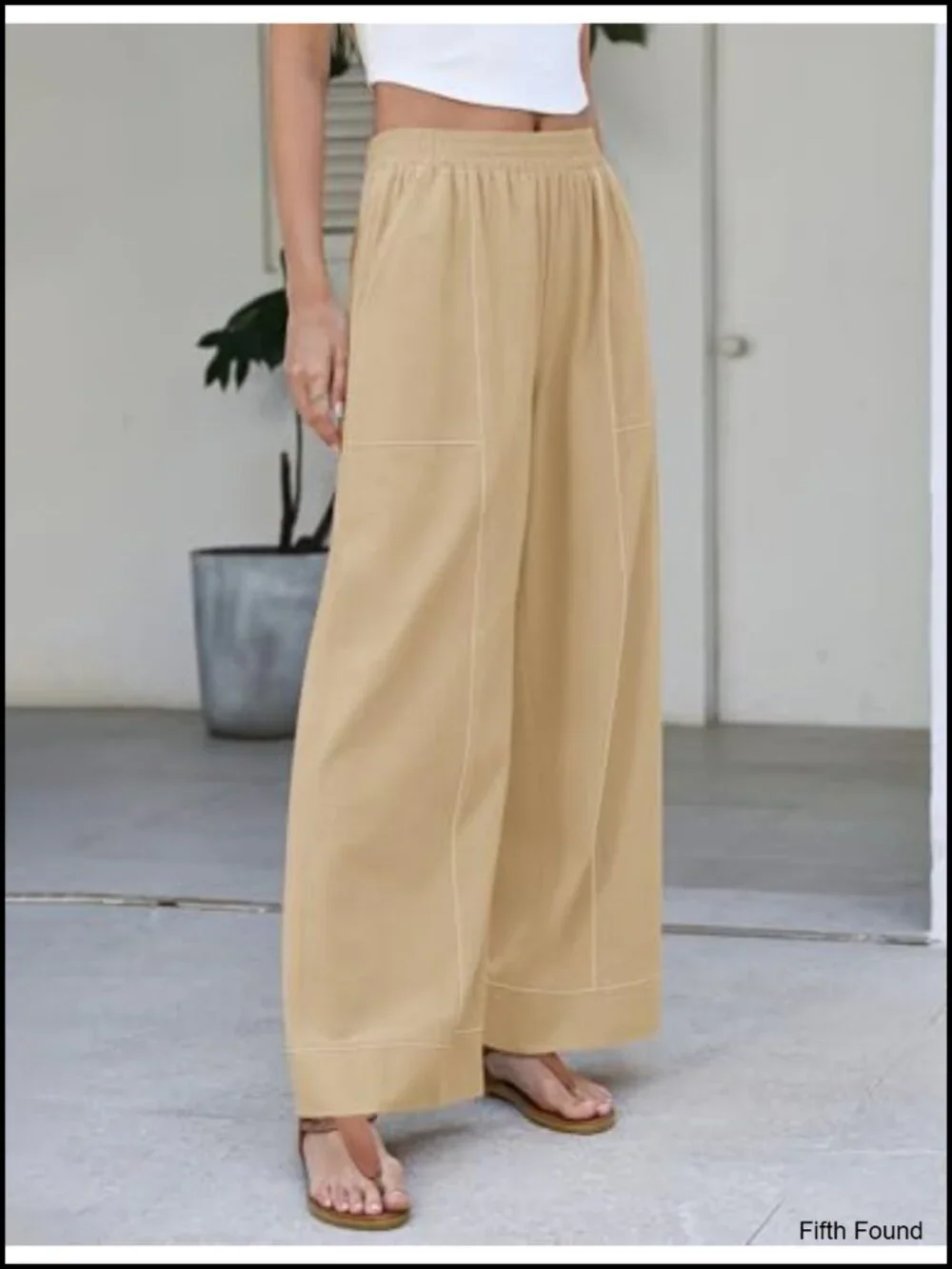 Womens Elastic Waist Palazzo Pants Wide Leg Lounge Trousers with Pockets Cotton